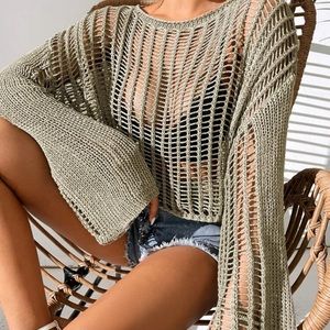 Open knit bell sleeve sheer sweater